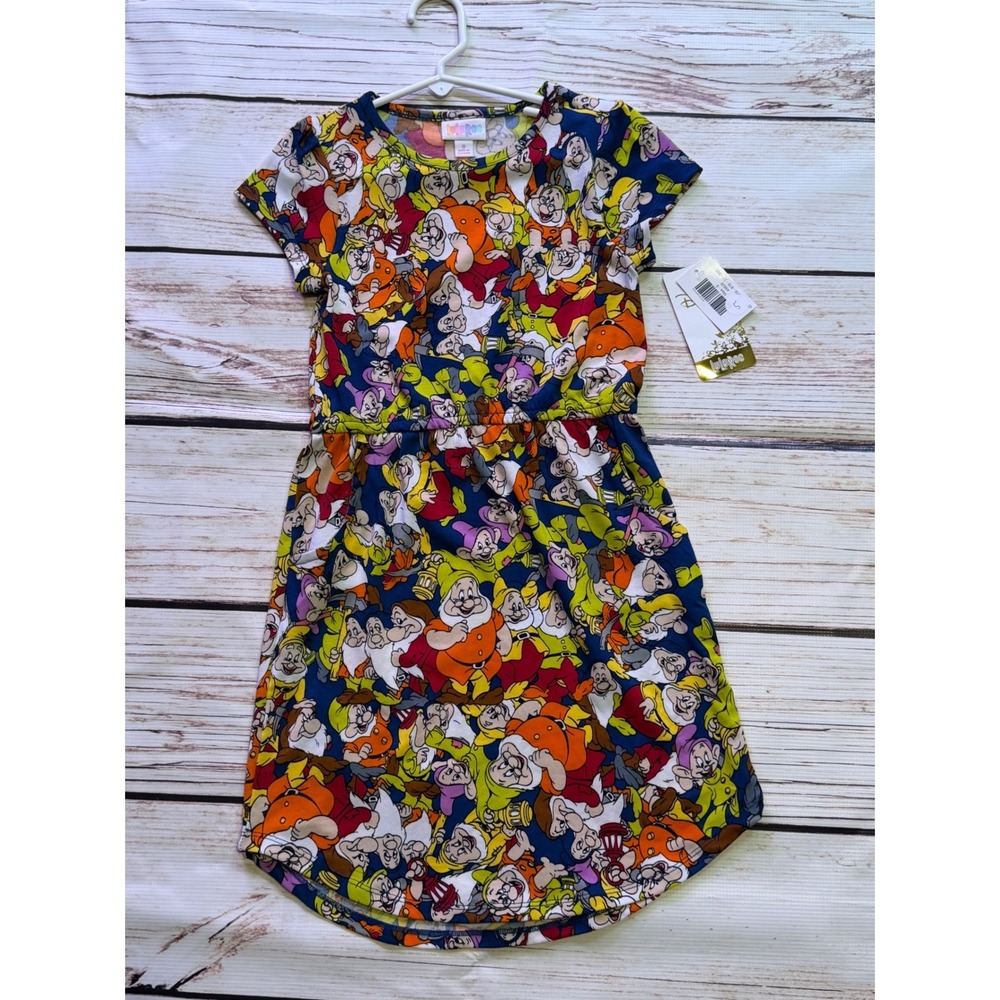 LuLaRoe Disney Mae Dress Kids Size 8 Seven Dwarfs Snow White Multi Color NWT